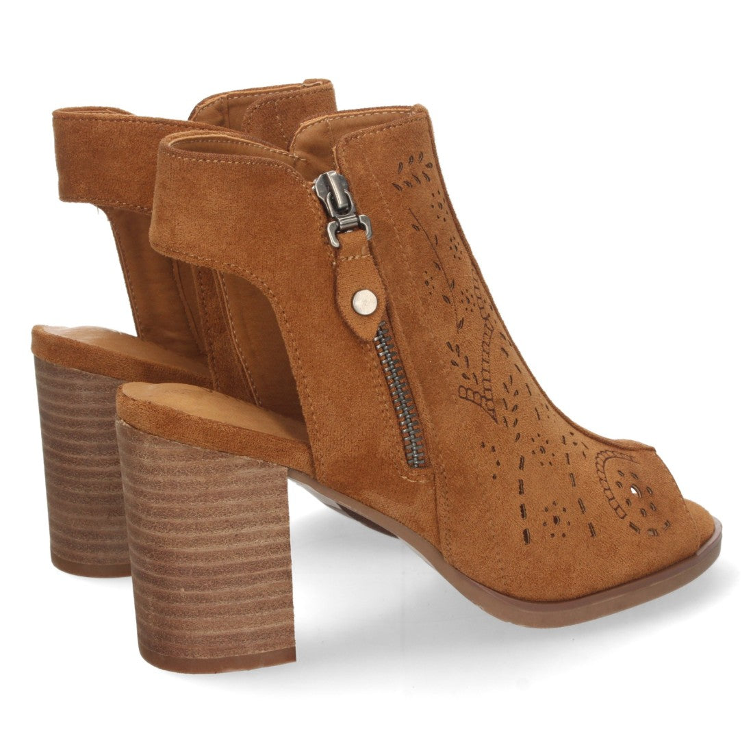 Sandalias Camel Mujer Tacón Calados Grabados Cremallera