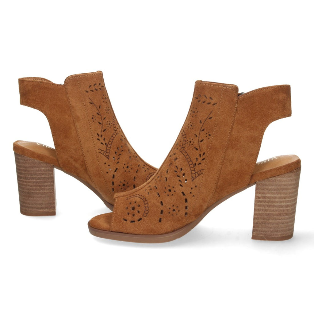 Sandalias Camel Mujer Tacón Calados Grabados Cremallera