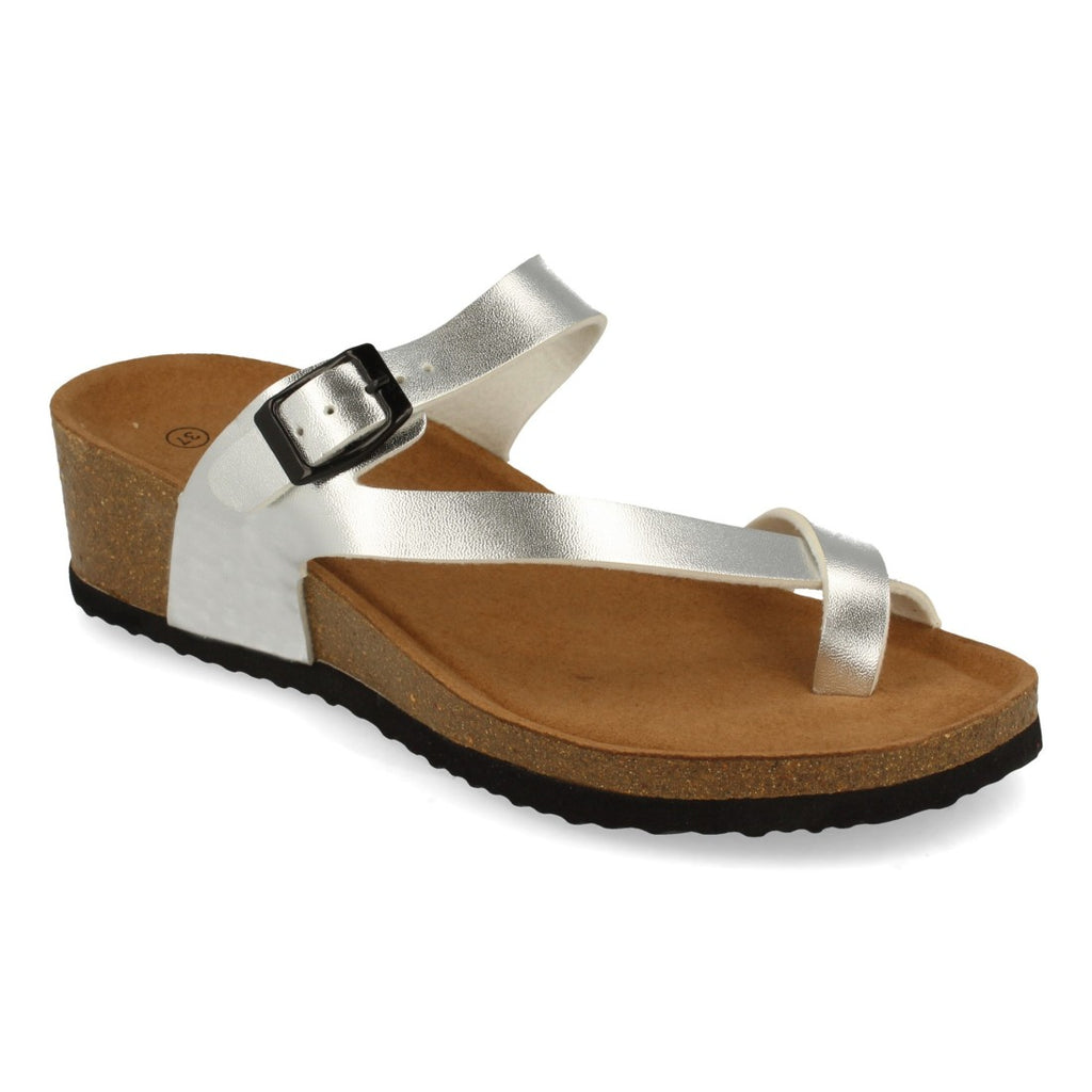 Sandalias Plateadas Mujer Cuña Bio Plantilla Anatómica Estilo Esclava Elegantes