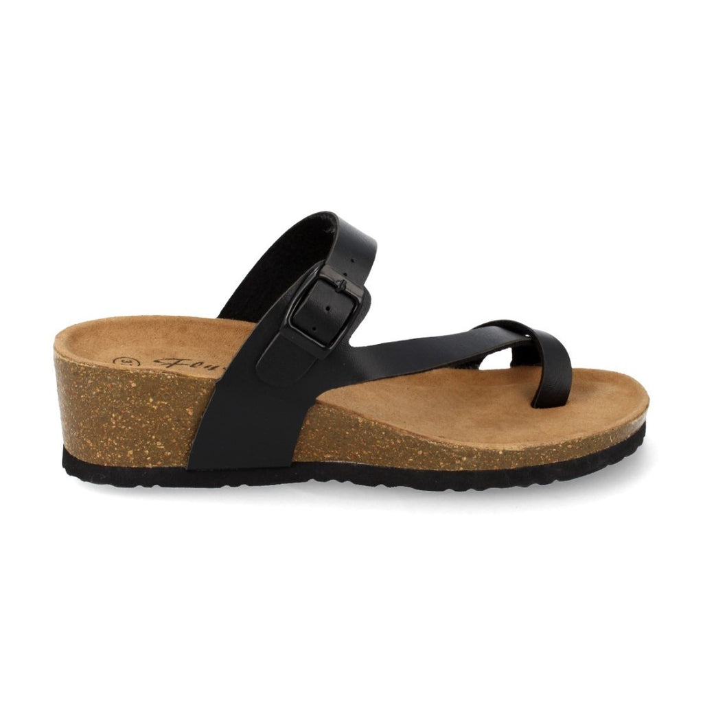 Sandalias Negras Mujer Cuña Bio Plantilla Anatómica Estilo Esclava Elegantes