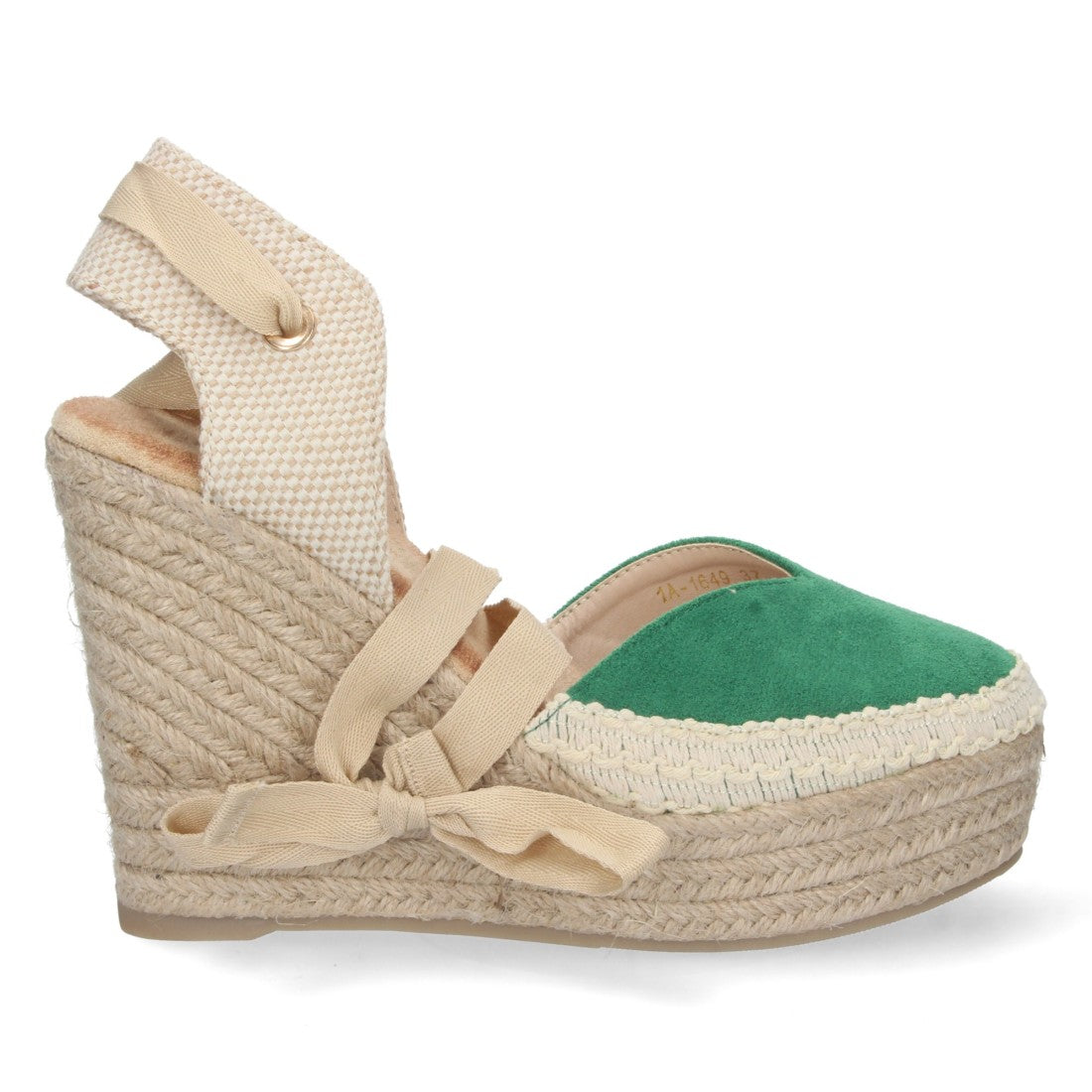 Grüne Sandalen mit Keilabsatz aus Jute, geschlossenem Oberteil und geflochtenen Schnürsenkeln