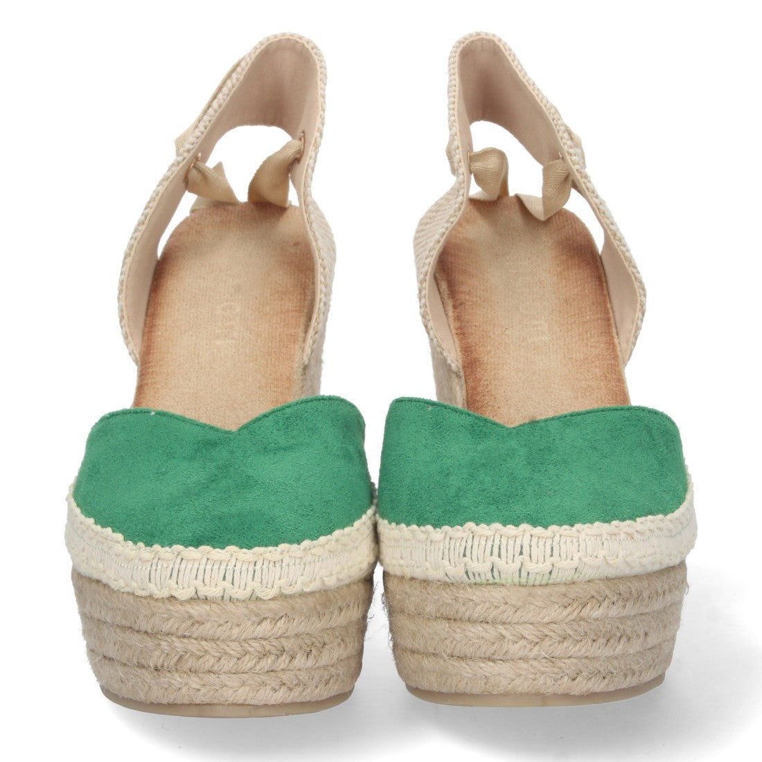 Grüne Sandalen mit Keilabsatz aus Jute, geschlossenem Oberteil und geflochtenen Schnürsenkeln