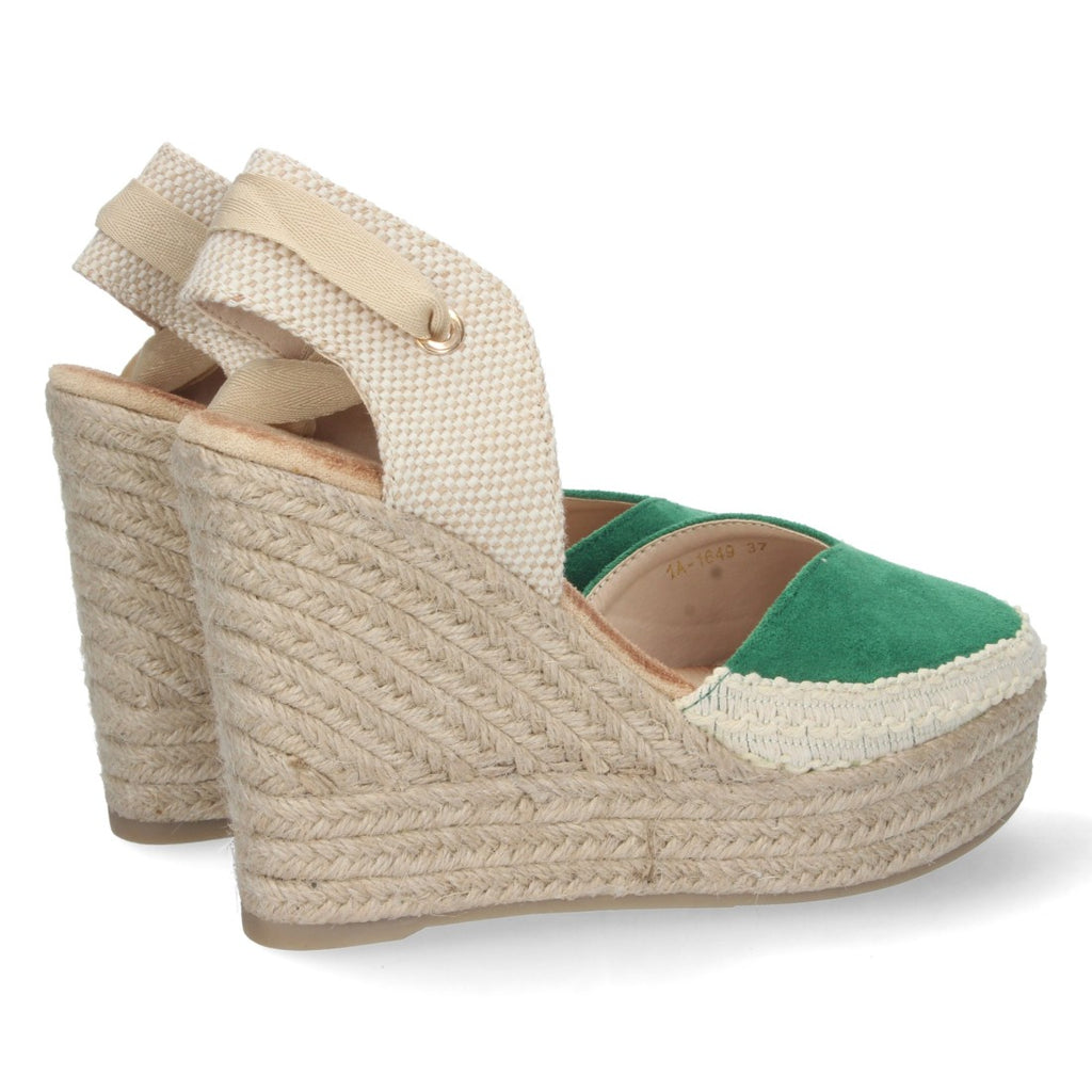 Grüne Sandalen mit Keilabsatz aus Jute, geschlossenem Oberteil und geflochtenen Schnürsenkeln