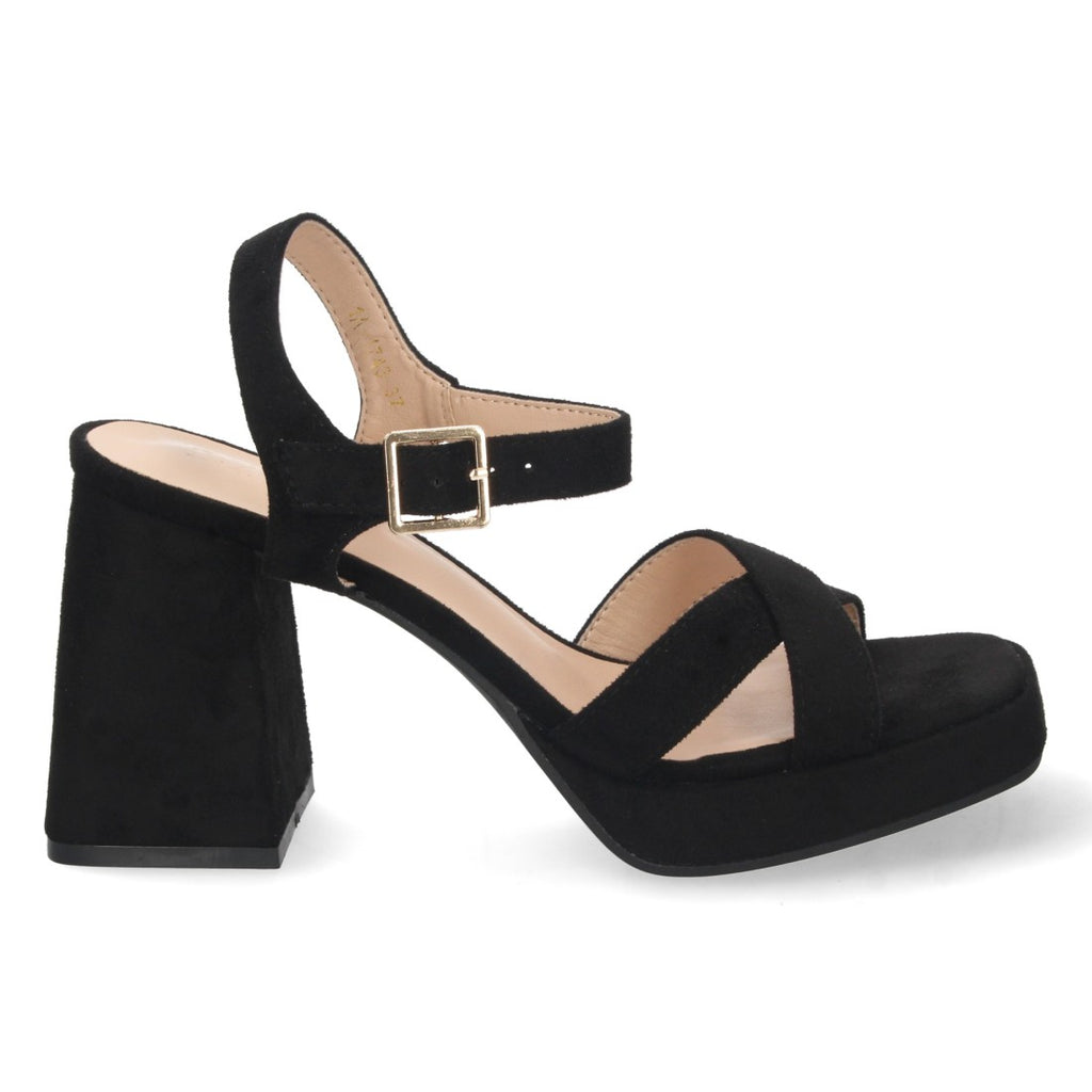 Elegante schwarze Sandaletten mit dünnem Absatz für Damen – ideal für Hochzeiten und Abendveranstaltungen.