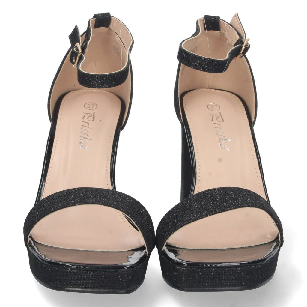 Sandalias Negras Mujer Tacón Material Brillante Cómodas