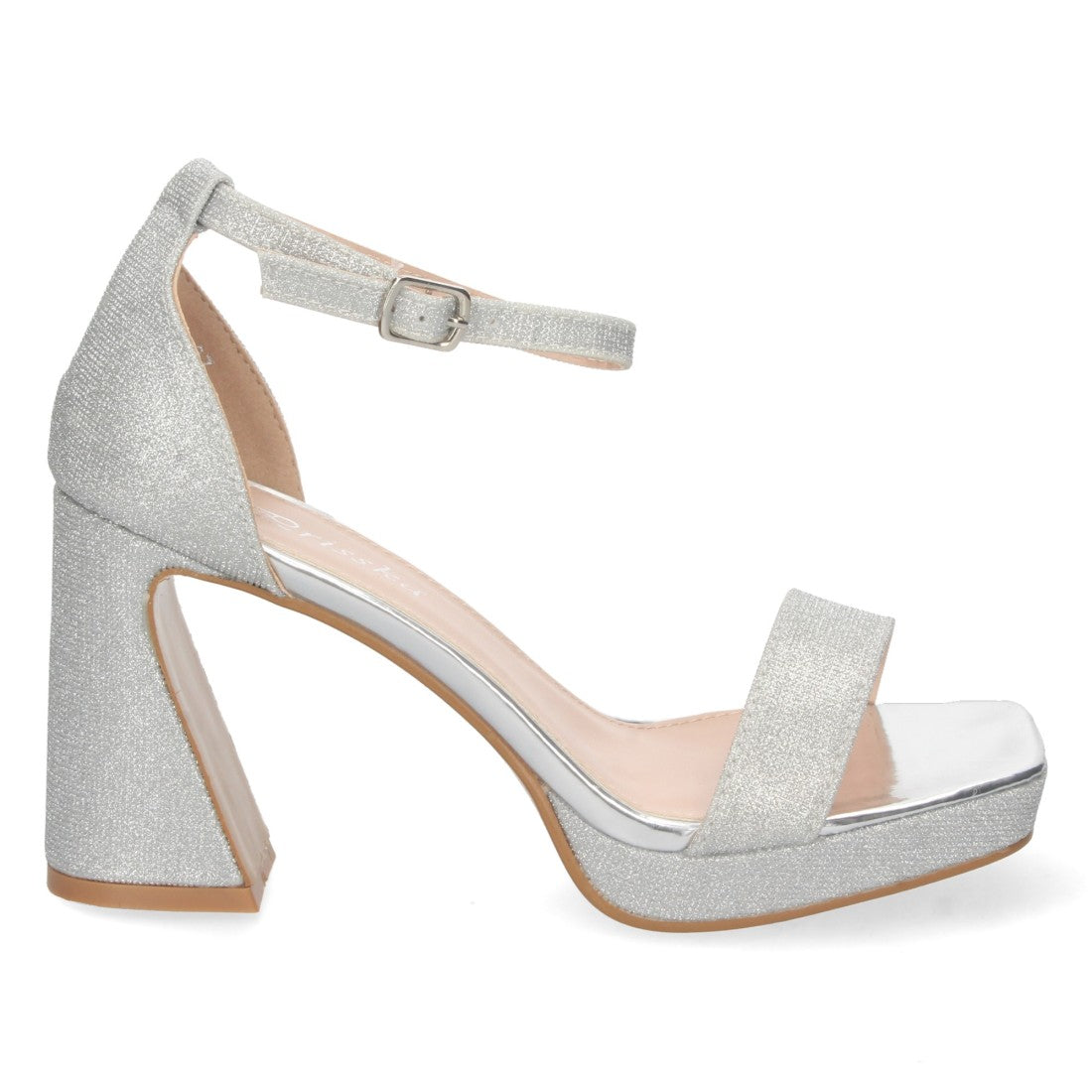 Sandalias Plateadas Mujer Tacón Material Brillante Cómodas