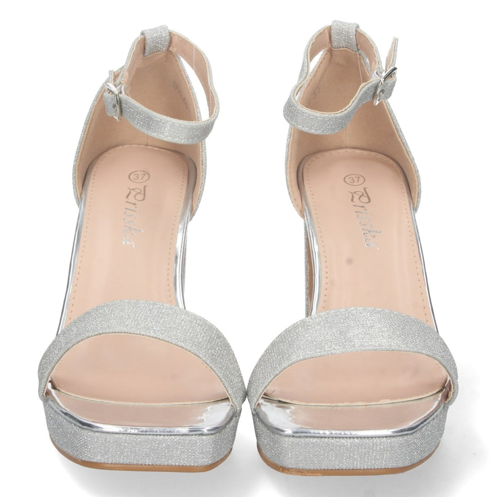 Sandalias Plateadas Mujer Tacón Material Brillante Cómodas