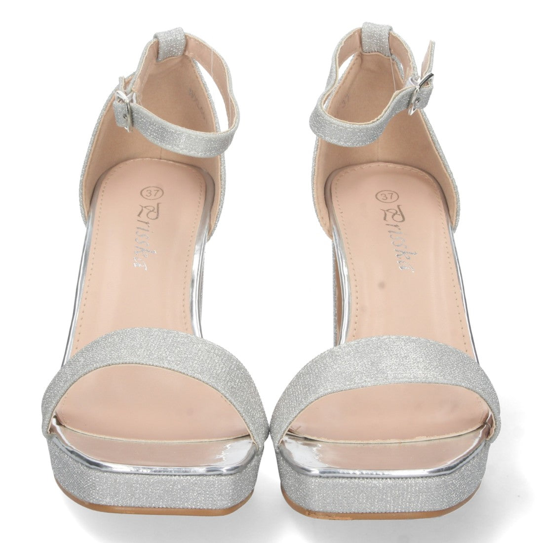 Sandalias Plateadas Mujer Tacón Material Brillante Cómodas