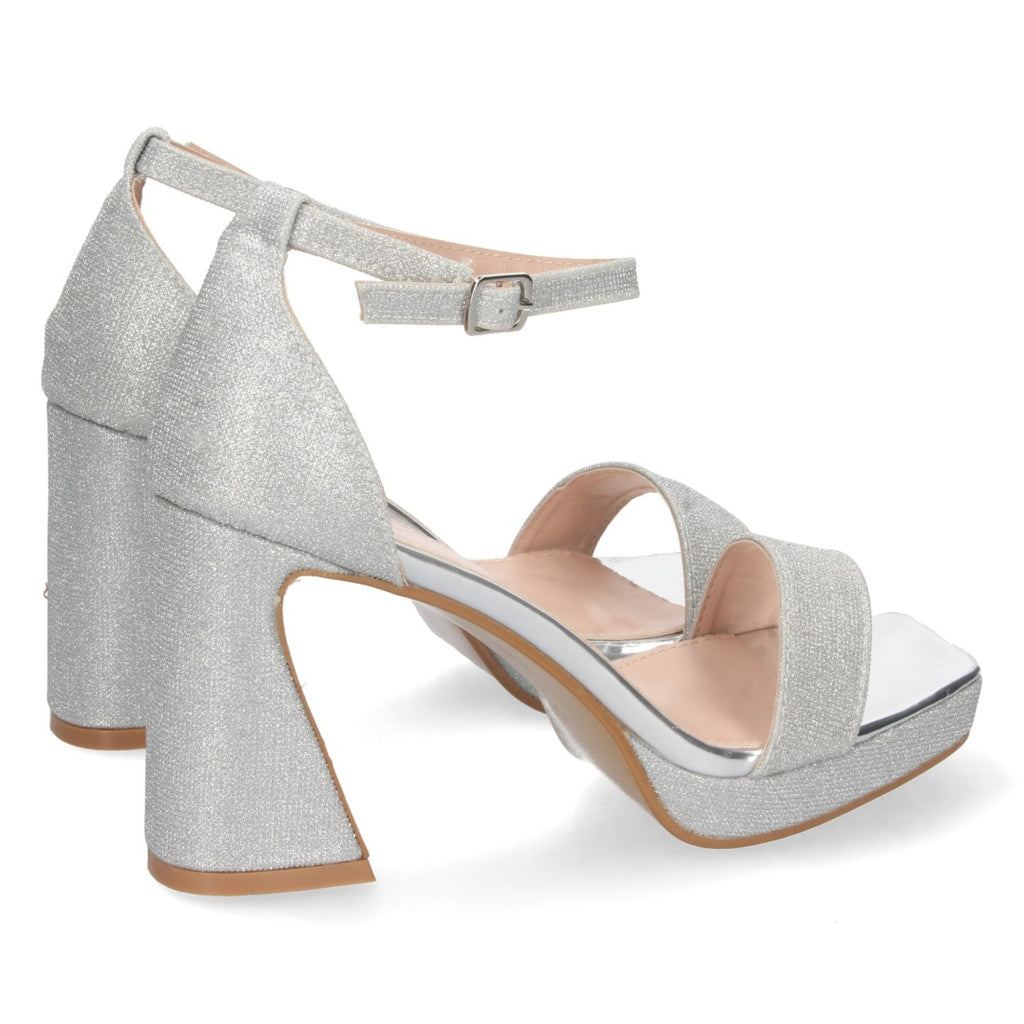 Sandalias Plateadas Mujer Tacón Material Brillante Cómodas
