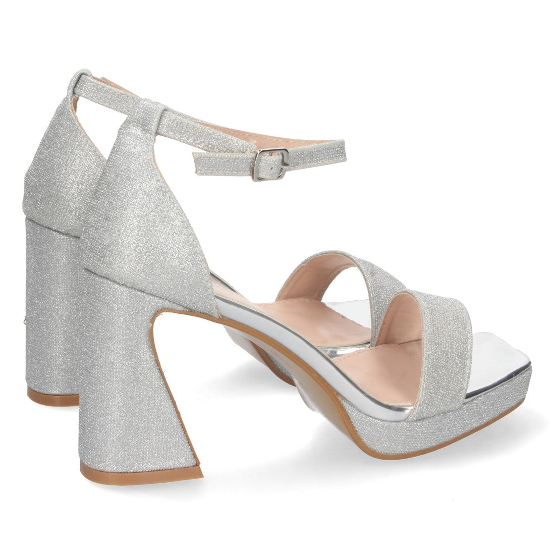 Sandalias Plateadas Mujer Tacón Material Brillante Cómodas
