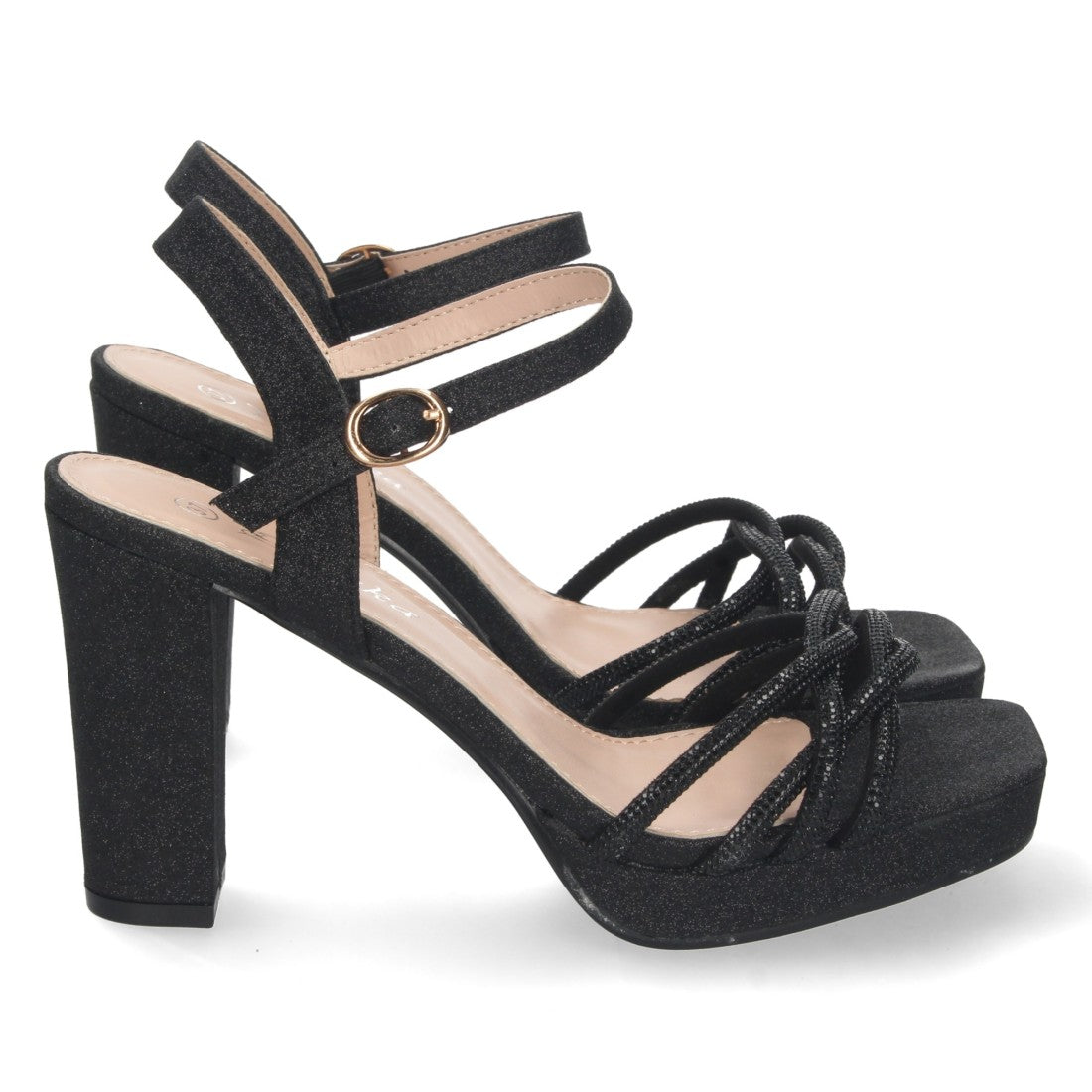 Sandalias Negras Mujer Tacón Palas Cruzadas Material Brillante Cómodas