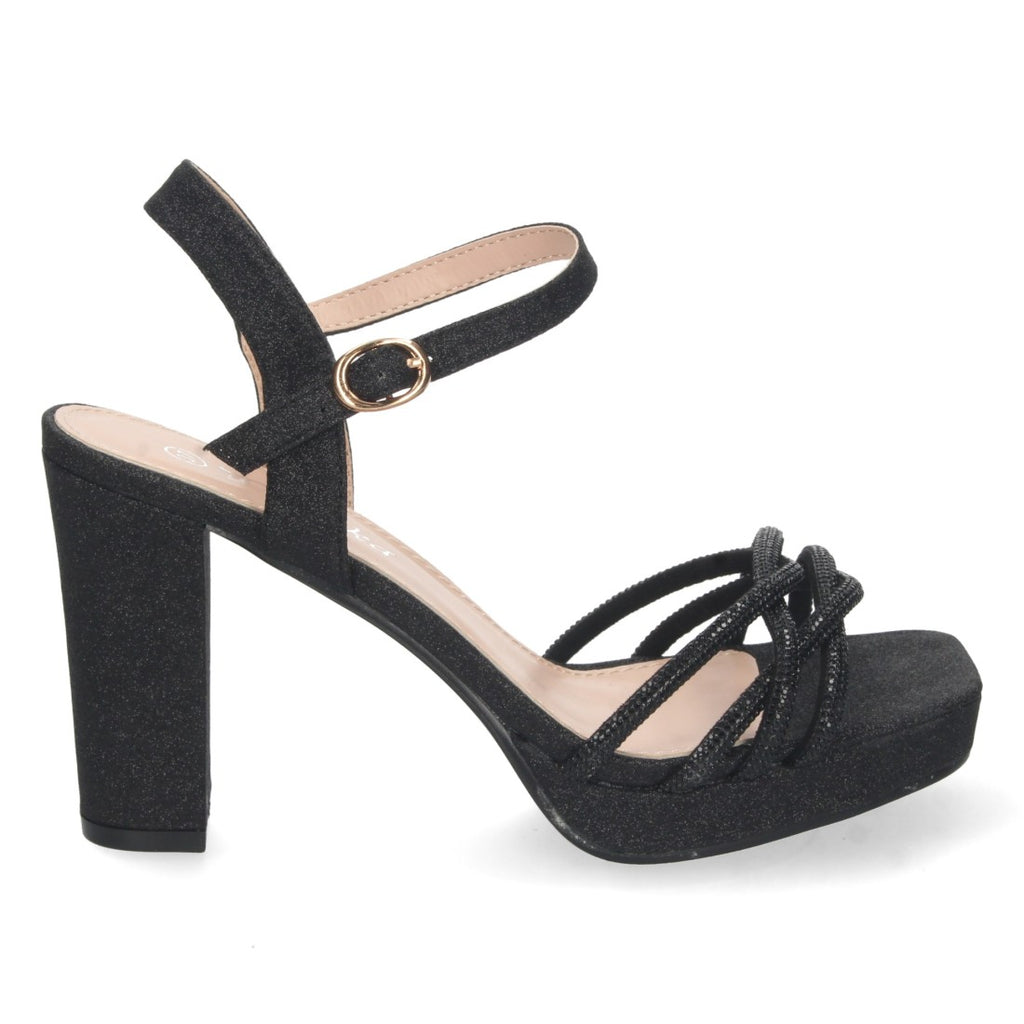 Sandalias Negras Mujer Tacón Palas Cruzadas Material Brillante Cómodas