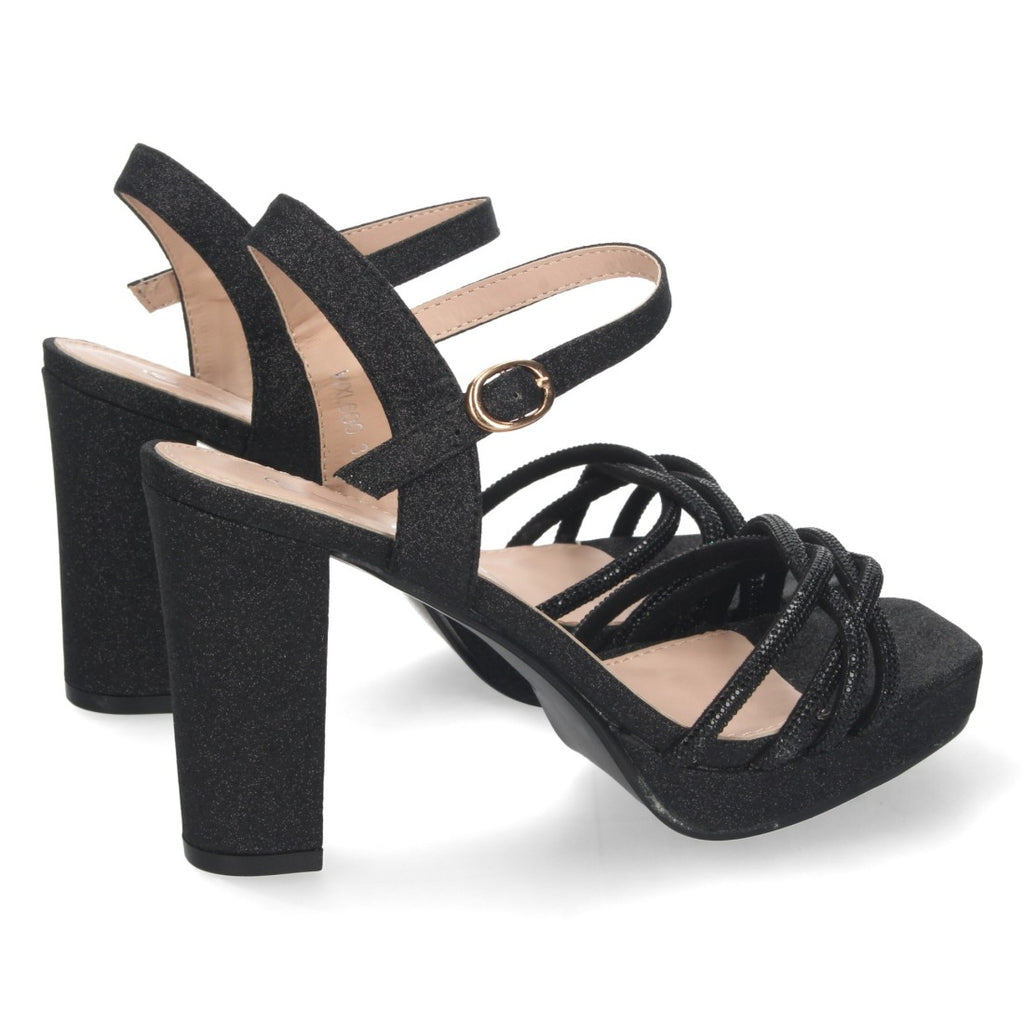 Sandalias Negras Mujer Tacón Palas Cruzadas Material Brillante Cómodas