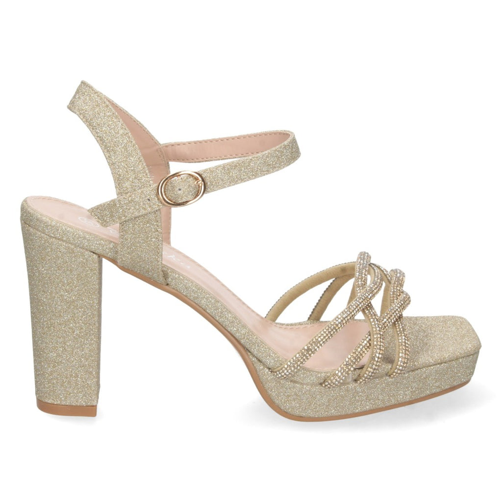 Sandalias Doradas Mujer Tacón Palas Cruzadas Material Brillante Cómodas