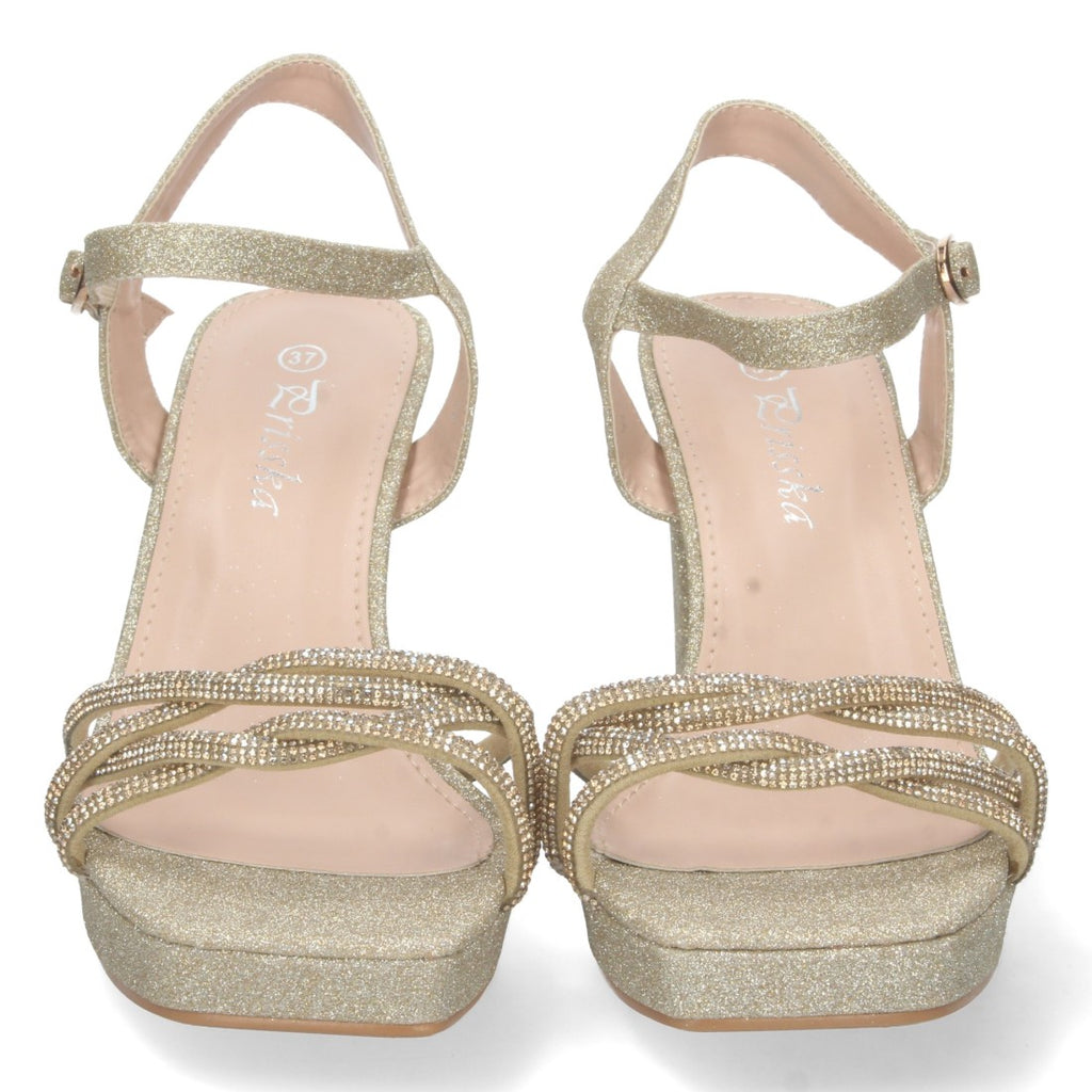 Sandalias Doradas Mujer Tacón Palas Cruzadas Material Brillante Cómodas