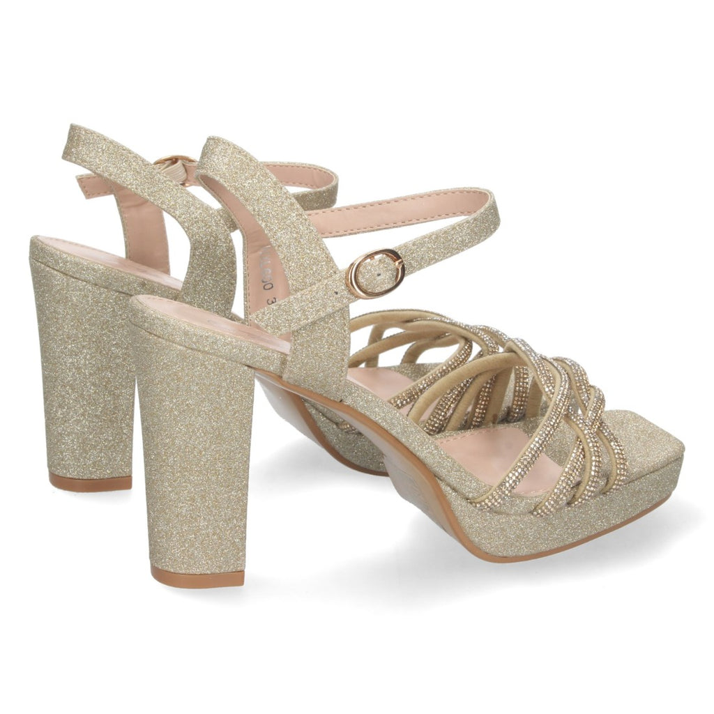 Sandalias Doradas Mujer Tacón Palas Cruzadas Material Brillante Cómodas