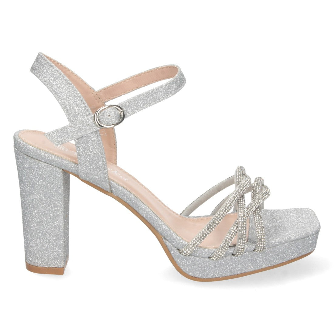 Sandalias Plateadas Mujer Tacón Palas Cruzadas Material Brillante Cómodas