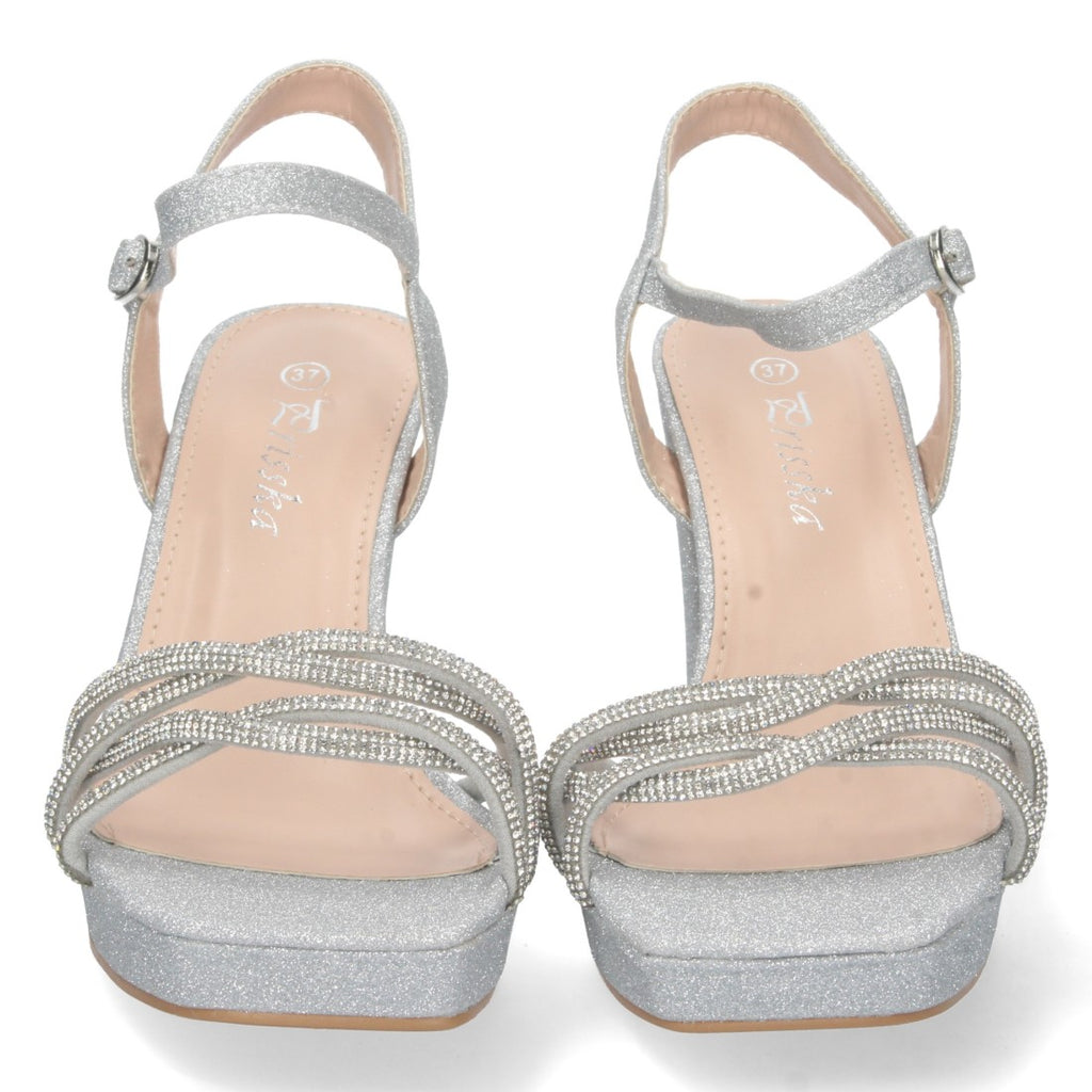 Sandalias Plateadas Mujer Tacón Palas Cruzadas Material Brillante Cómodas