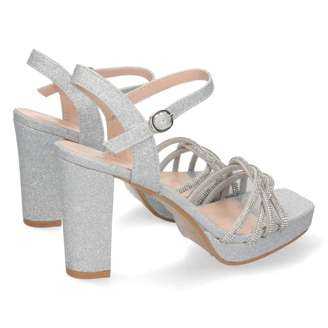 Sandalias Plateadas Mujer Tacón Palas Cruzadas Material Brillante Cómodas