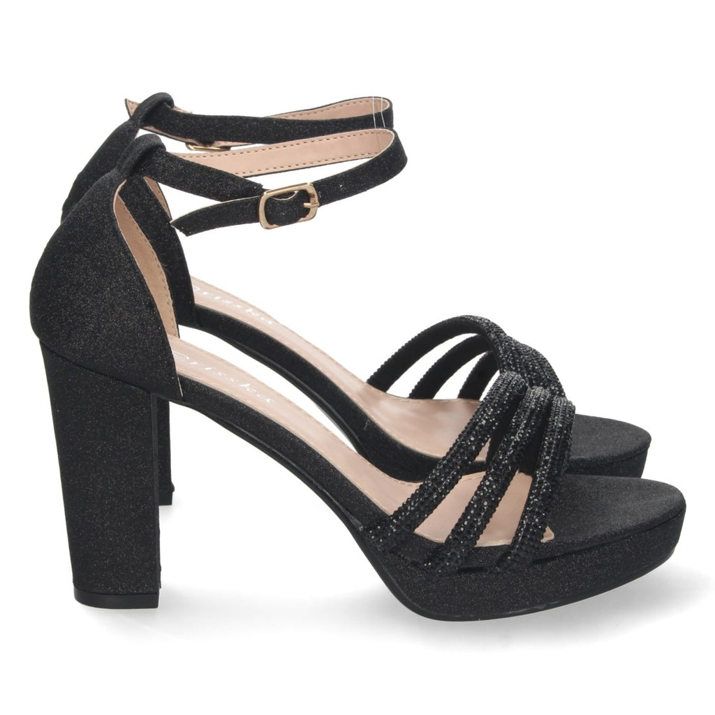 Sandalias Negras Mujer Tacón Strass Material Brillante Cómodas