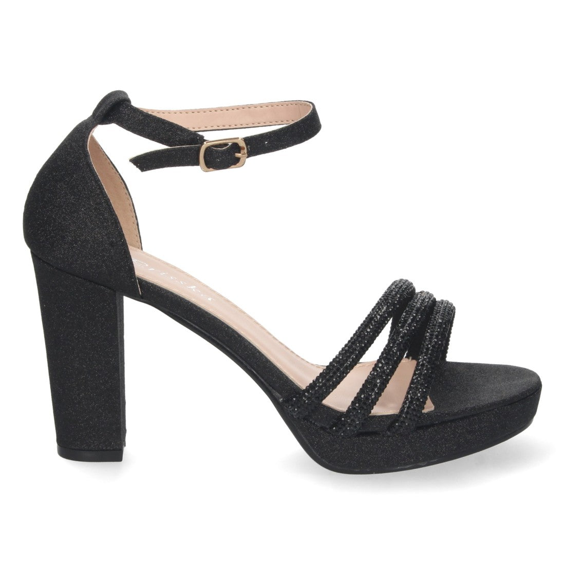 Sandalias Negras Mujer Tacón Strass Material Brillante Cómodas