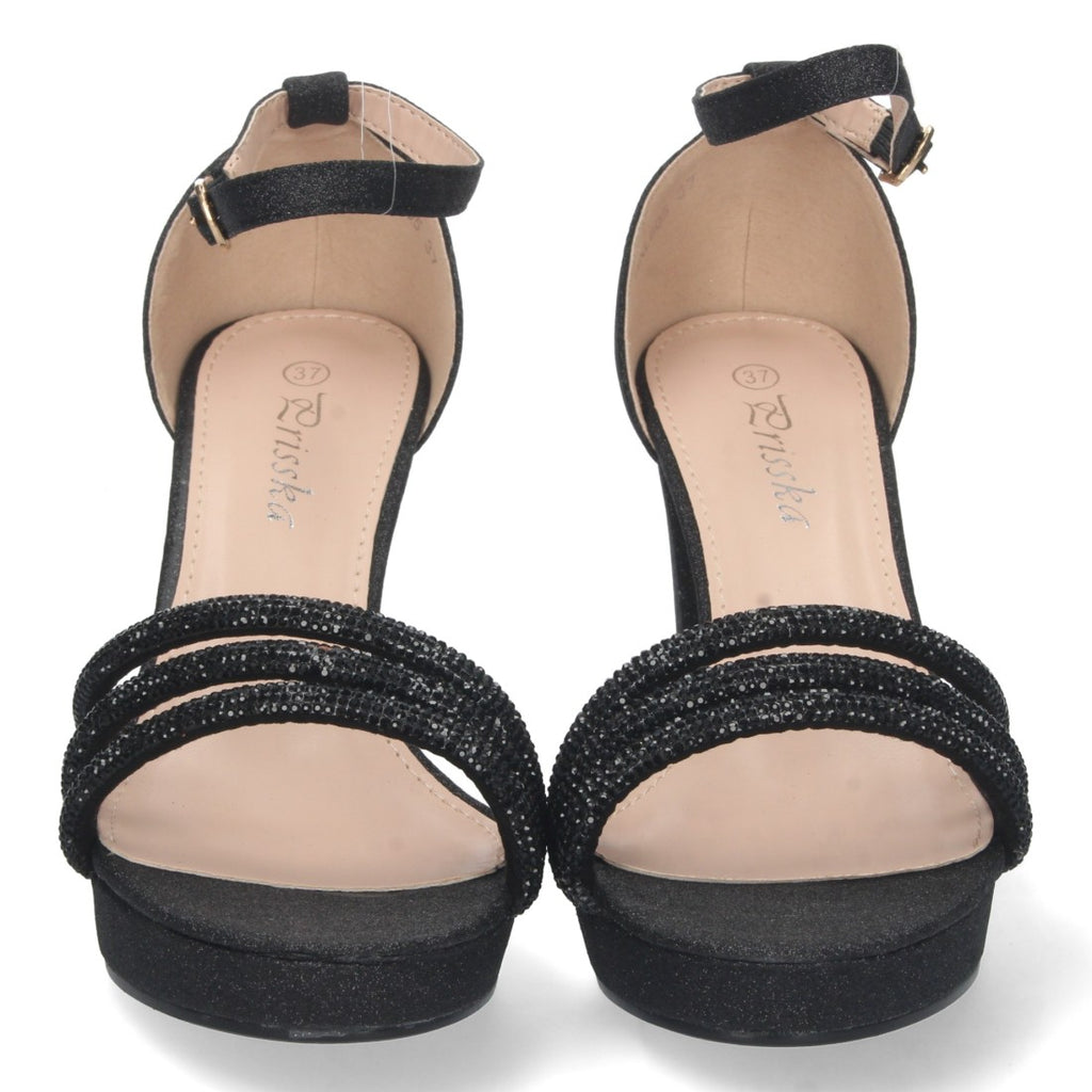 Sandalias Negras Mujer Tacón Strass Material Brillante Cómodas