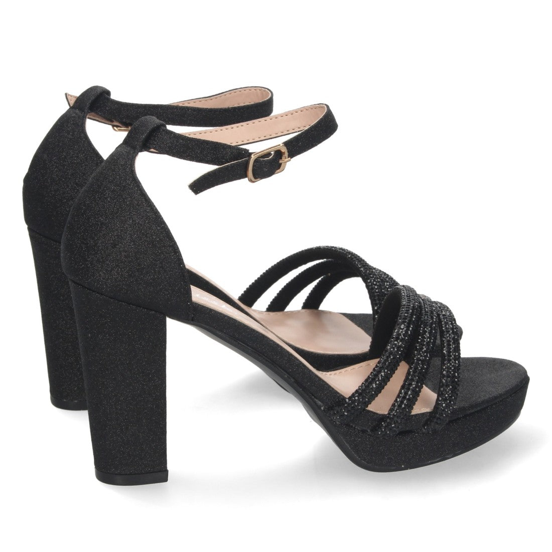 Sandalias Negras Mujer Tacón Strass Material Brillante Cómodas