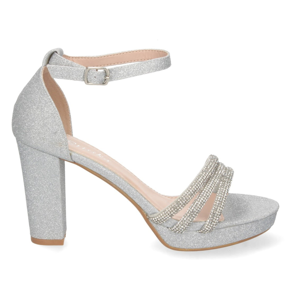 Sandalias Plateadas Mujer Tacón Strass Material Brillante Cómodas