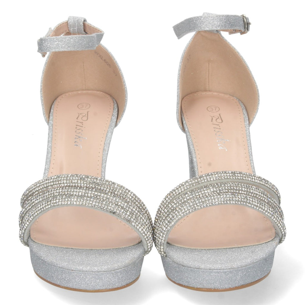 Sandalias Plateadas Mujer Tacón Strass Material Brillante Cómodas