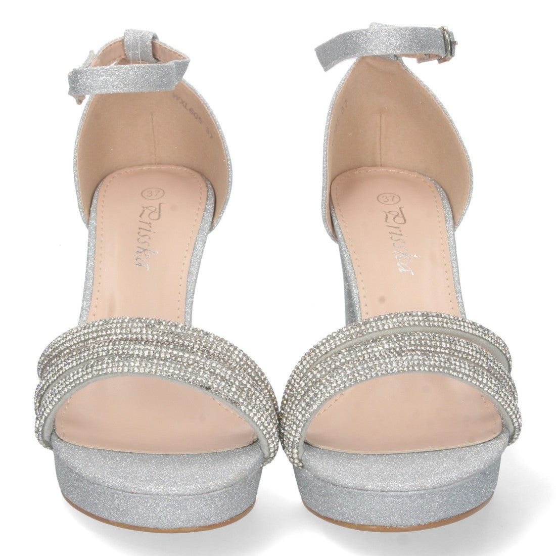 Sandalias Plateadas Mujer Tacón Strass Material Brillante Cómodas