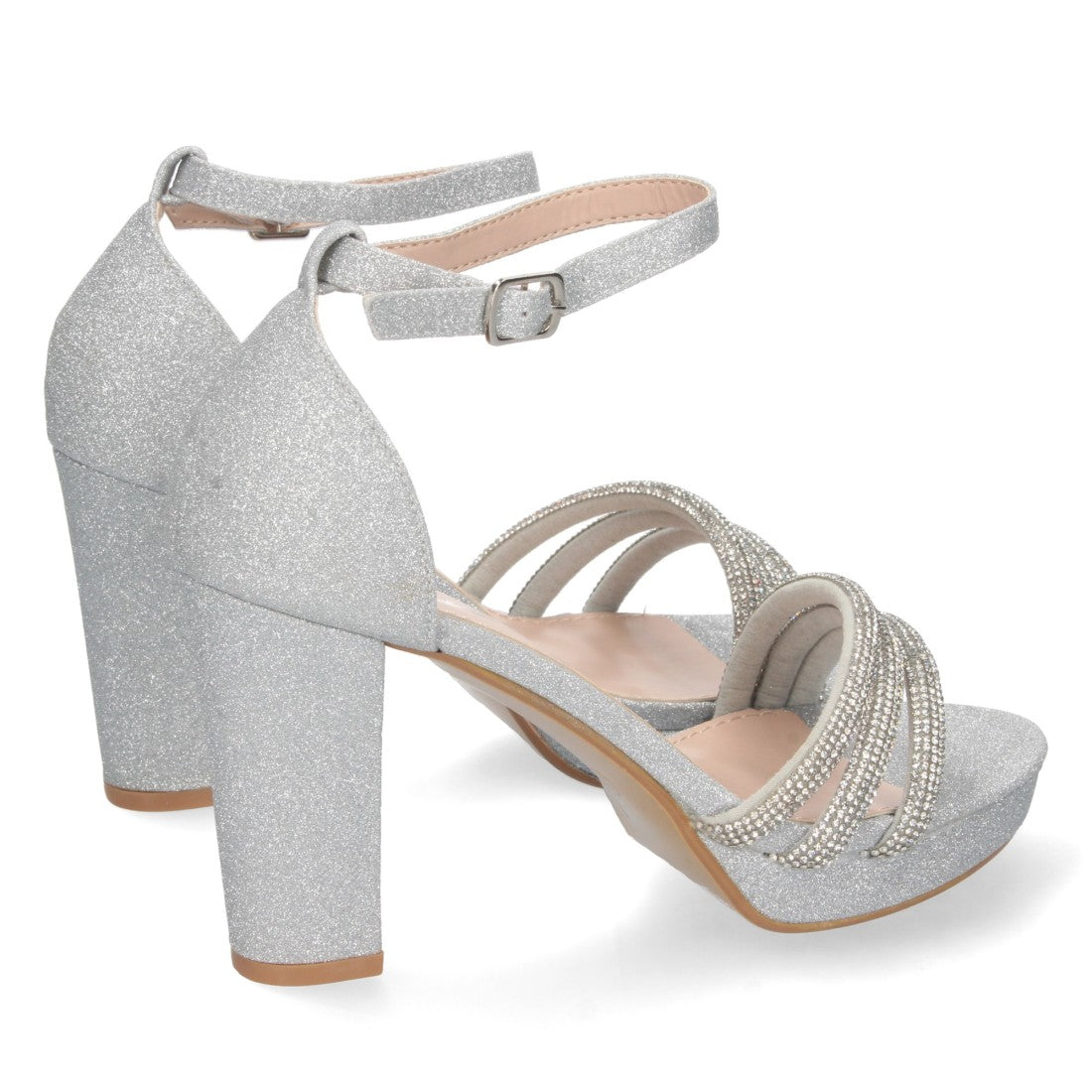 Sandalias Plateadas Mujer Tacón Strass Material Brillante Cómodas