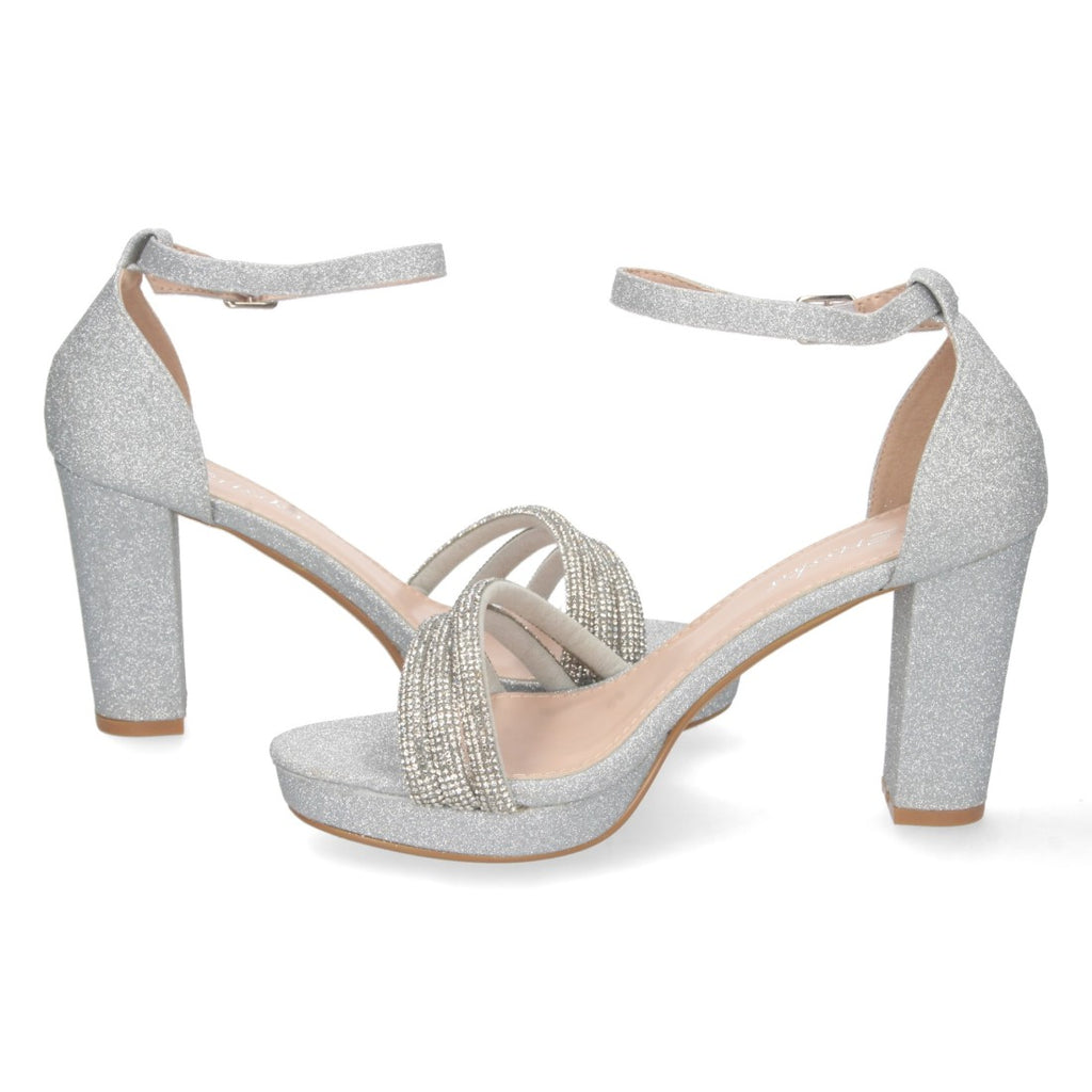 Sandalias Plateadas Mujer Tacón Strass Material Brillante Cómodas