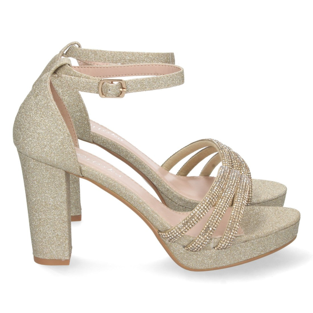 Sandalias Doradas Mujer Tacón Strass Material Brillante Cómodas