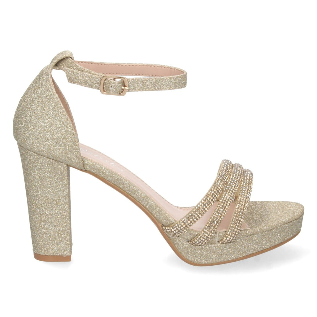 Sandalias Doradas Mujer Tacón Strass Material Brillante Cómodas
