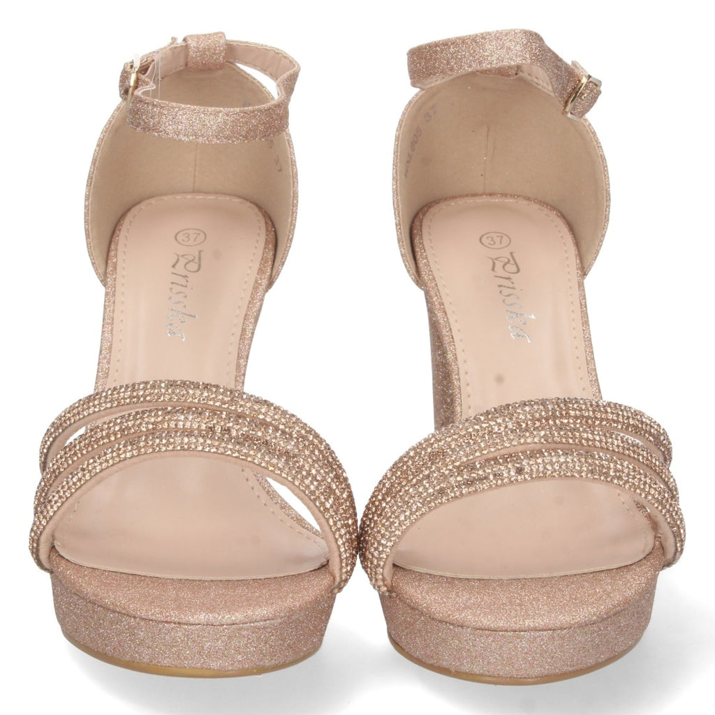 Sandalias Champán Mujer Tacón Strass Material Brillante Cómodas