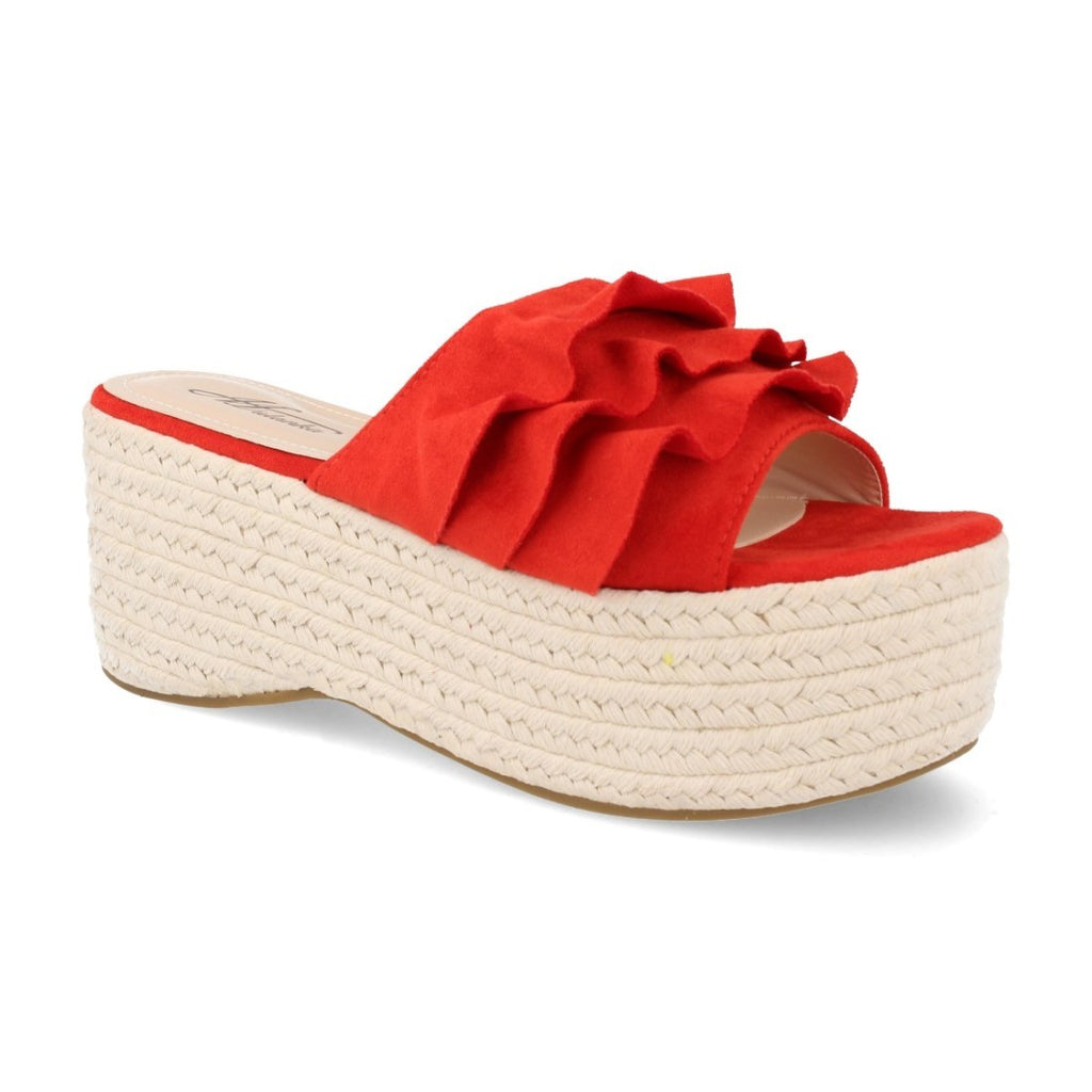 Sandalias Rojas Mujer Plataforma Yute Volantes Elegantes