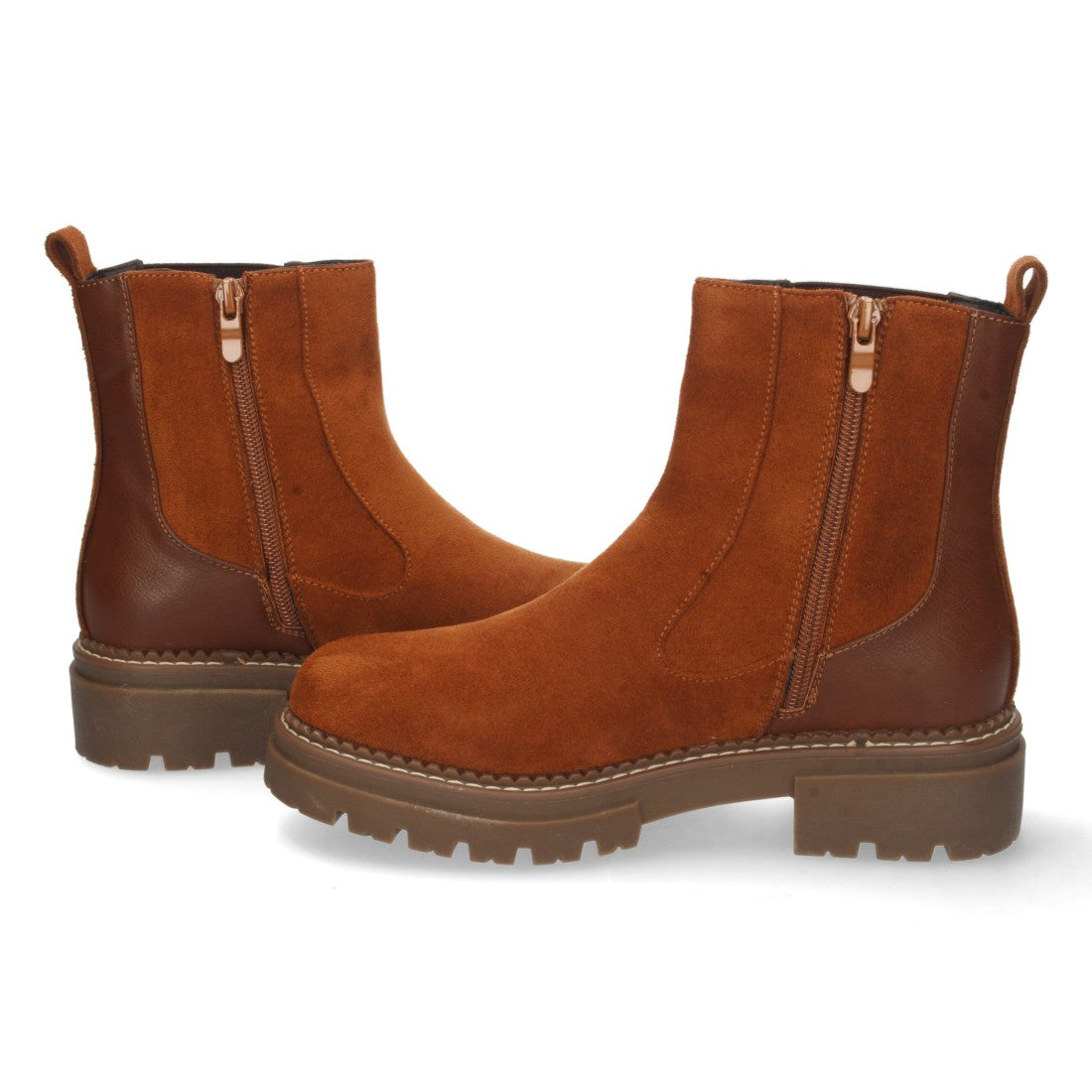 Botines Planos Camel con Elástico en Caña y Cremallera