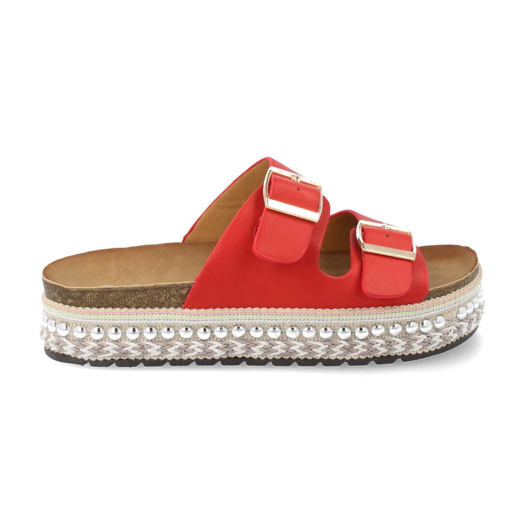Sandalias Rojas Mujer Plataforma Yute Hebillas Anatómicas