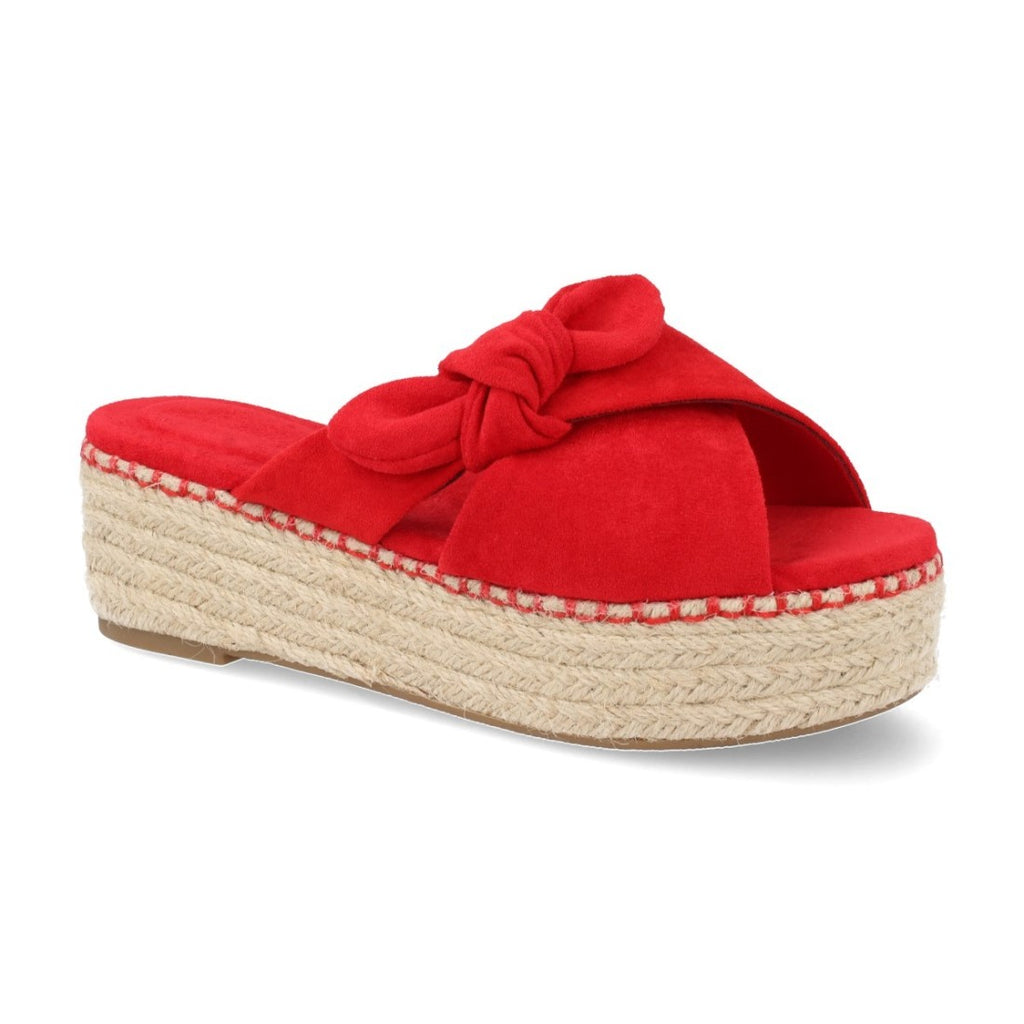 Sandalias Rojas Mujer Yute Bandas Cruzadas Nudo Decorativo
