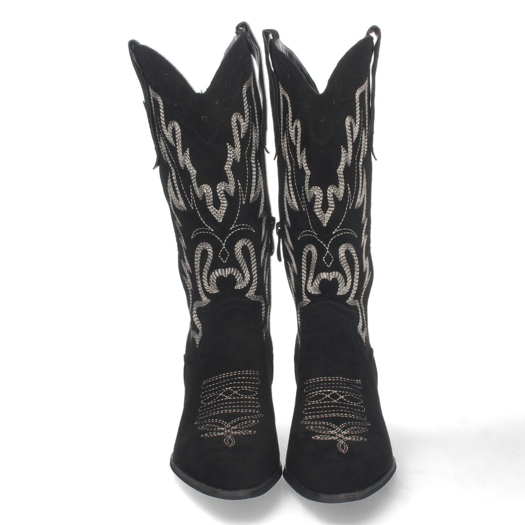 Botas Cowboy con Tacón y Bordado en Caña - Negro