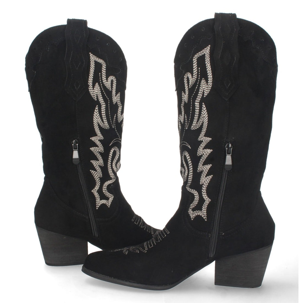 Botas Cowboy con Tacón y Bordado en Caña - Negro