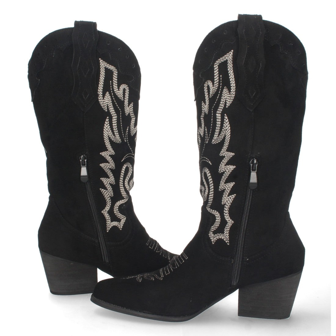 Botas Cowboy con Tacón y Bordado en Caña - Negro