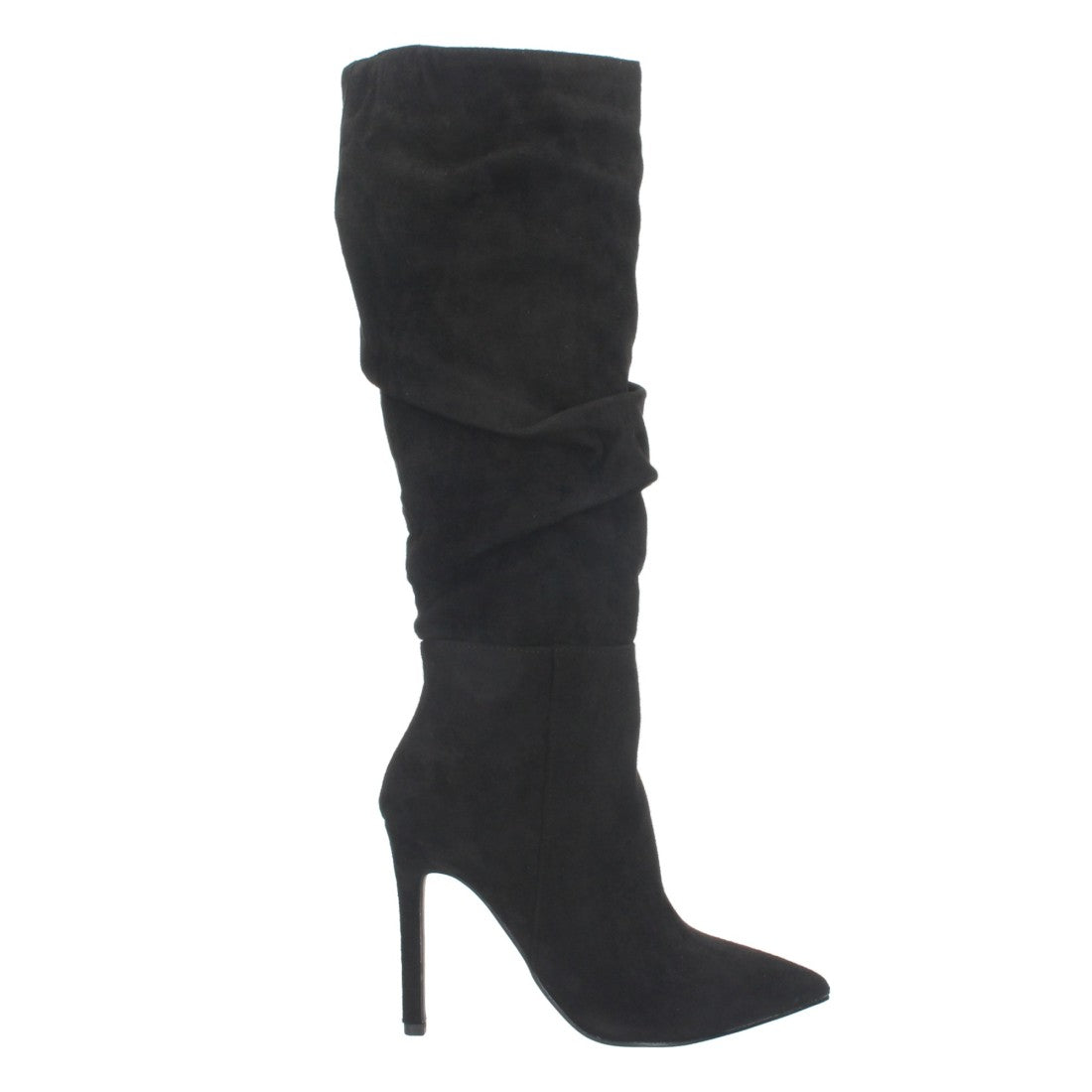 Schwarze Stiefel mit schmalem Absatz und Falten am Schaft