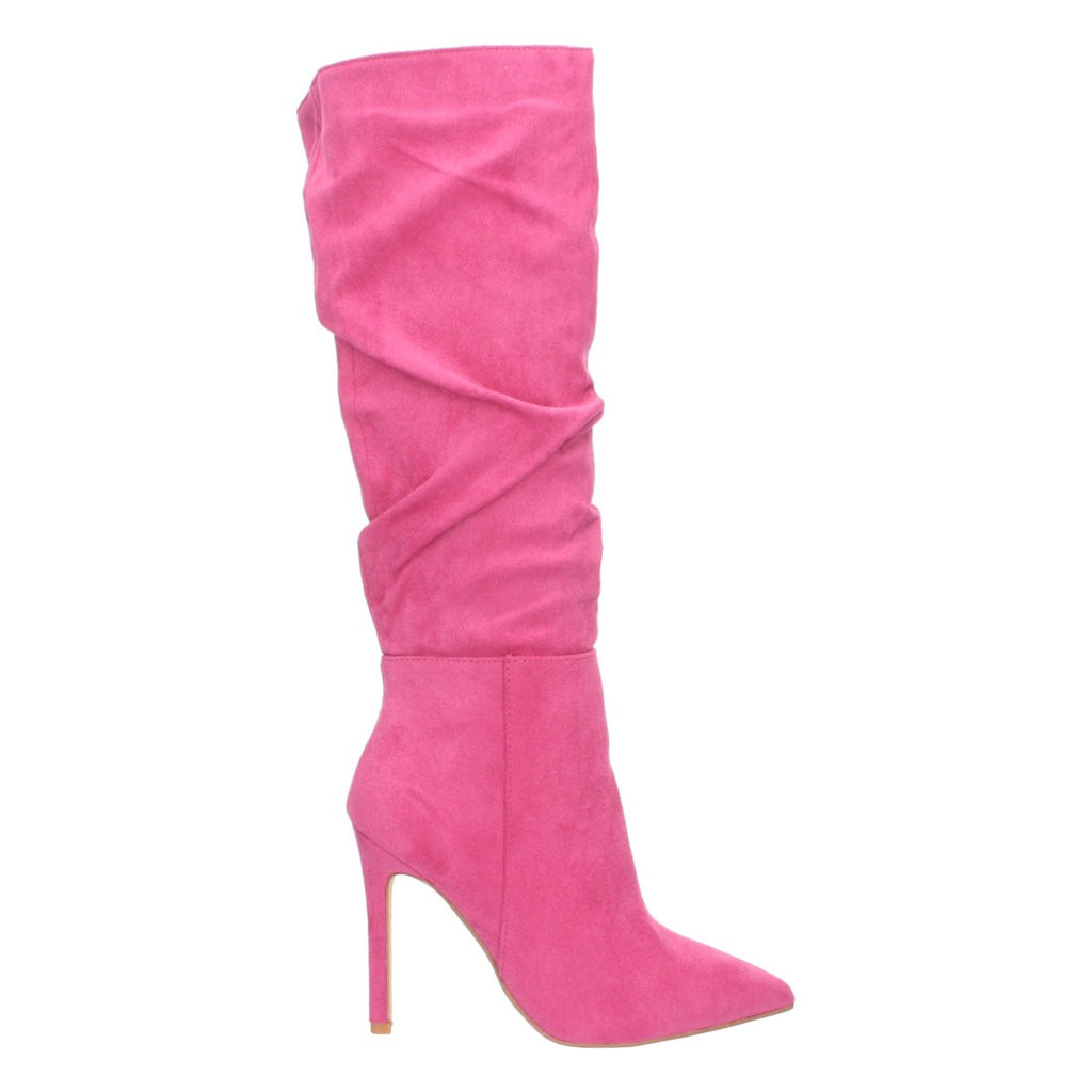 Fuchsiafarbene Stiefel mit dünnem Absatz und gerafftem Schaft