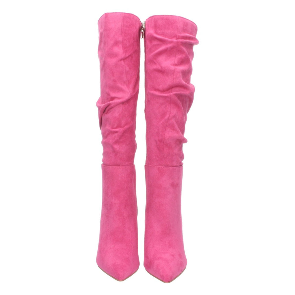 Fuchsiafarbene Stiefel mit dünnem Absatz und gerafftem Schaft