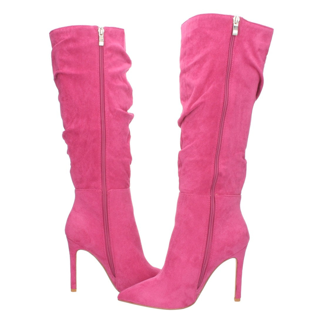 Fuchsiafarbene Stiefel mit dünnem Absatz und gerafftem Schaft