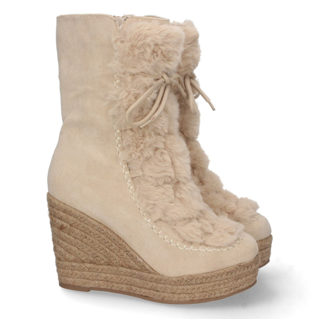 Botas Cowboy con Cuña y Detalle de Pelo - Beige