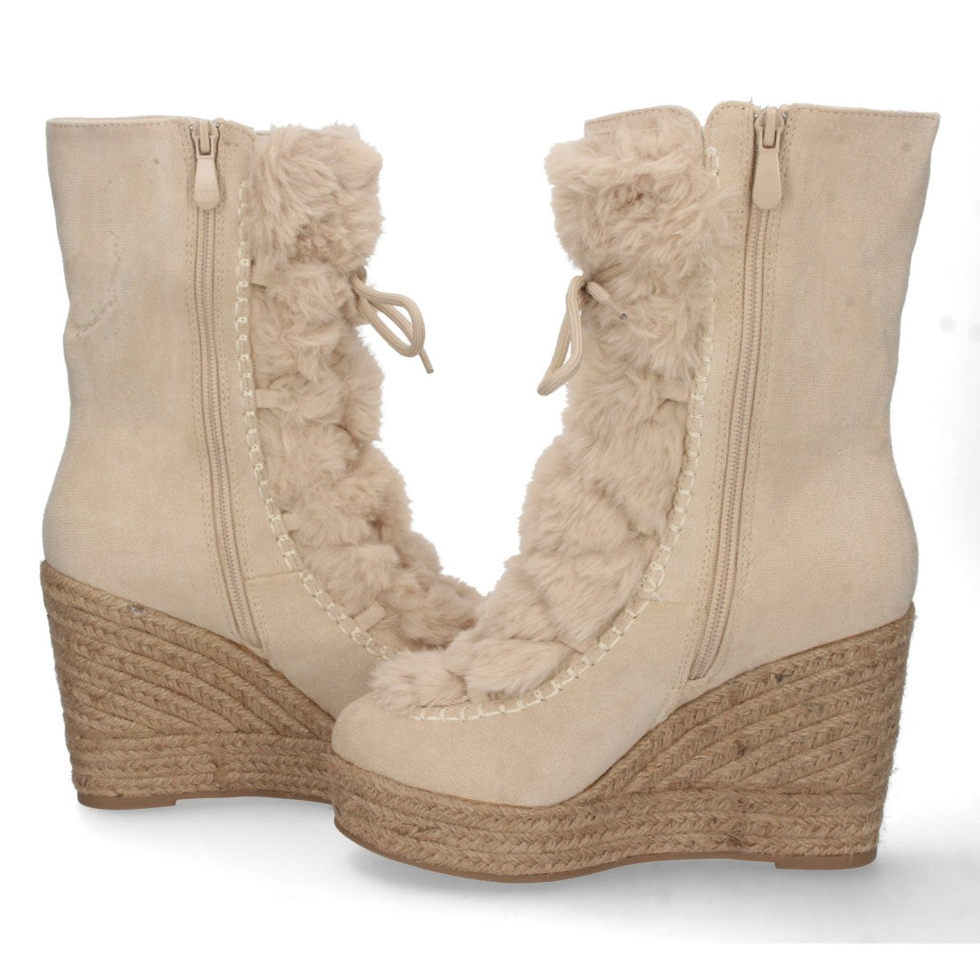 Botas Cowboy con Cuña y Detalle de Pelo - Beige