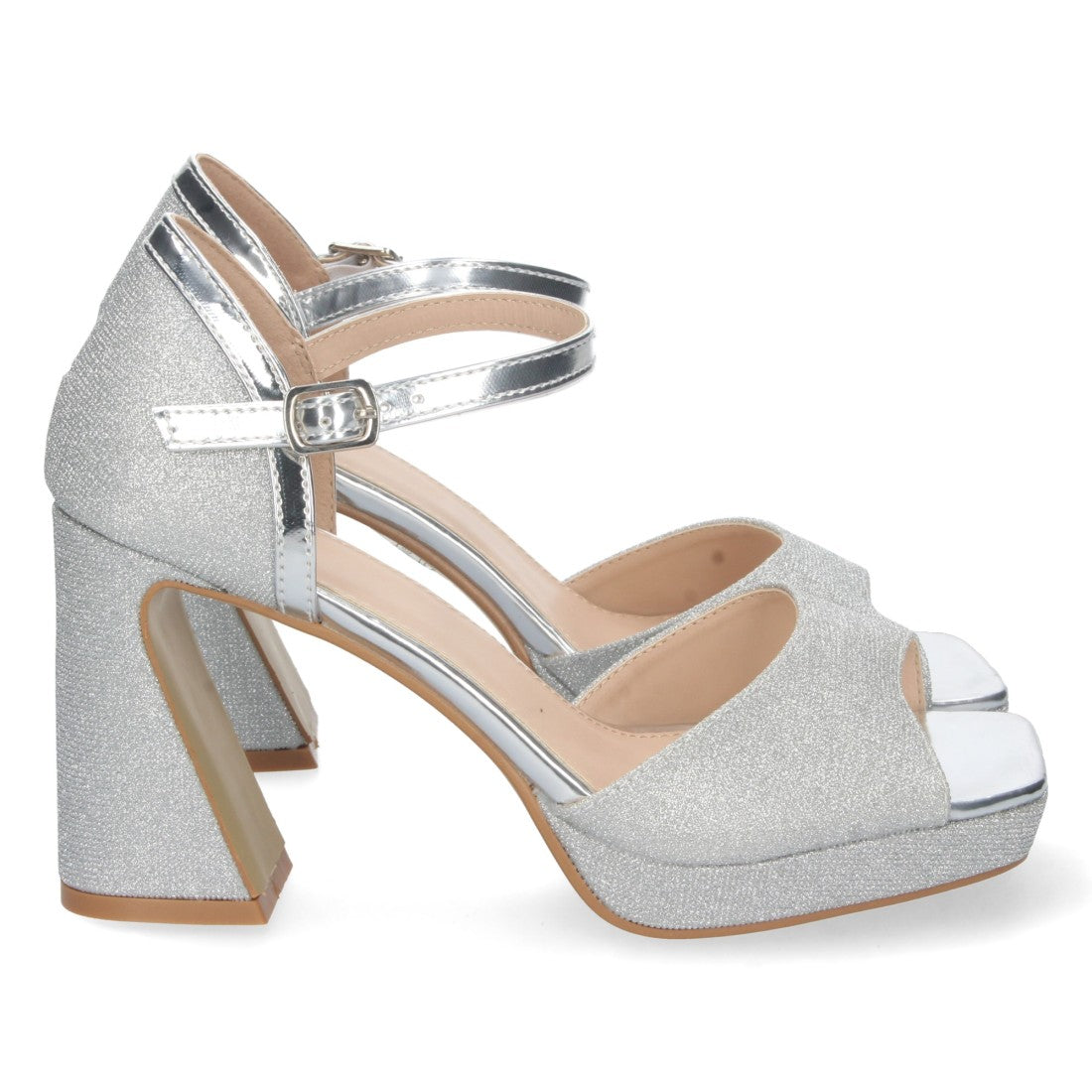 Sandalias Plateadas Mujer Tacón Estampado Brillante Eventos