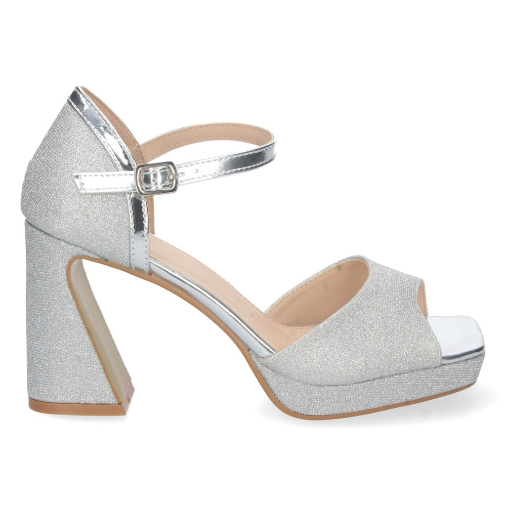 Sandalias Plateadas Mujer Tacón Estampado Brillante Eventos